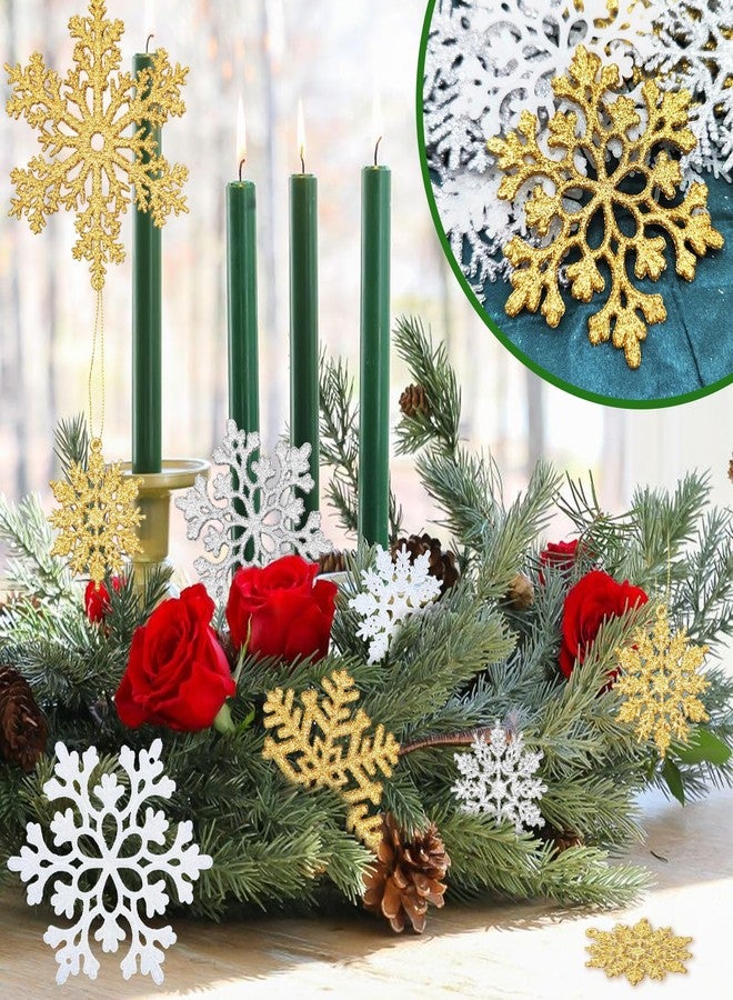 NEWMIAO 36pcs Gold Snowflake Ornaments Christmas Tree Decorations, Glitter Plastic Snow Flakes Christmas Ornaments in 5 Patterns for Tree Garland Indoor Outdoor Winter Wonderland Decor - Image 3